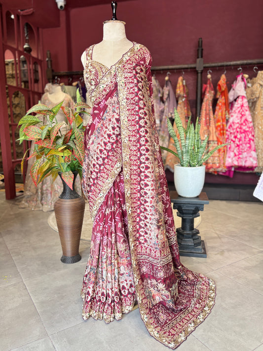 Wine Designer Saree with Heavy Embroidered Border & Floral Print Work