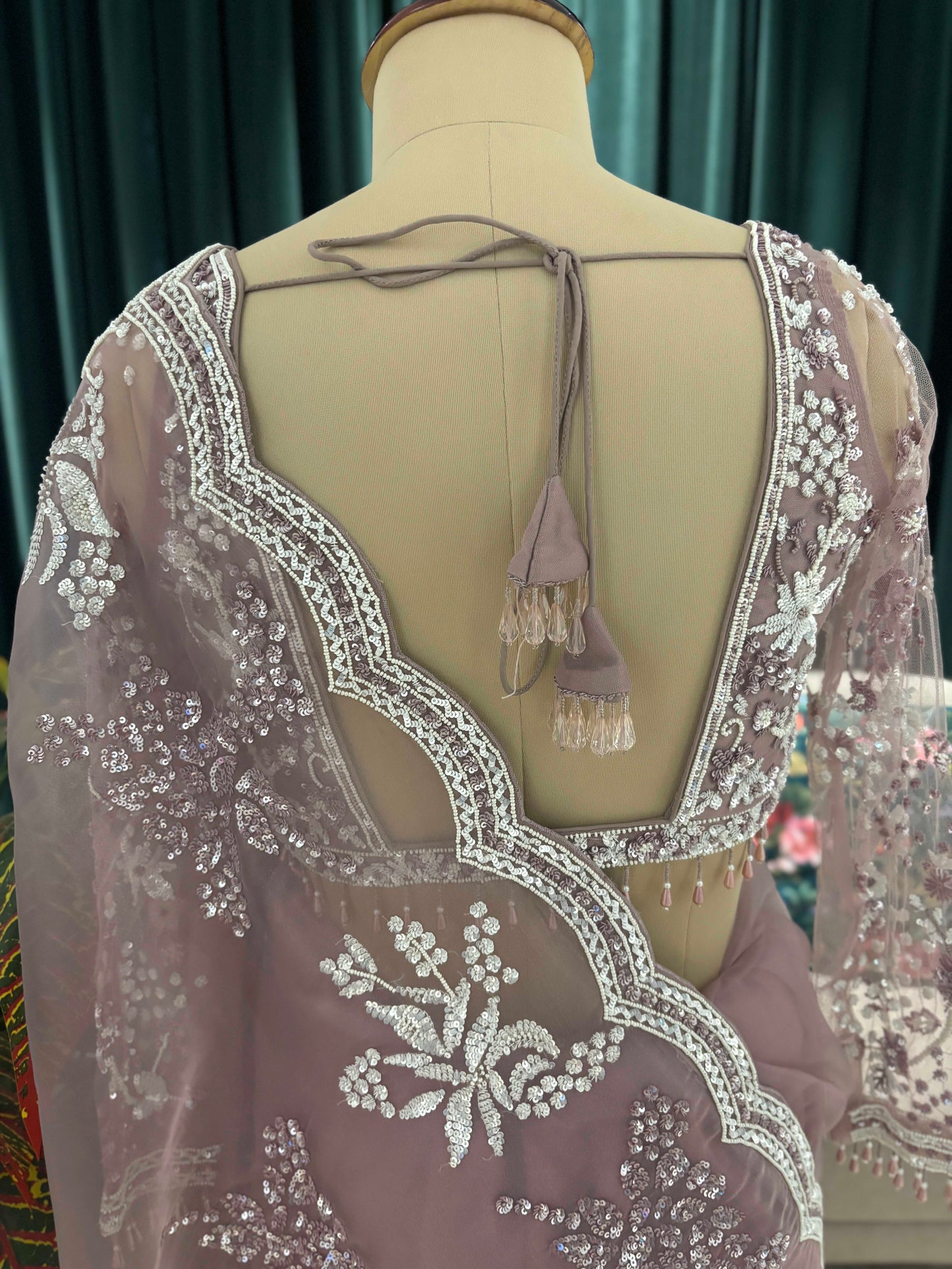 Mauve Embroidered Saree with Scalloped Floral Border