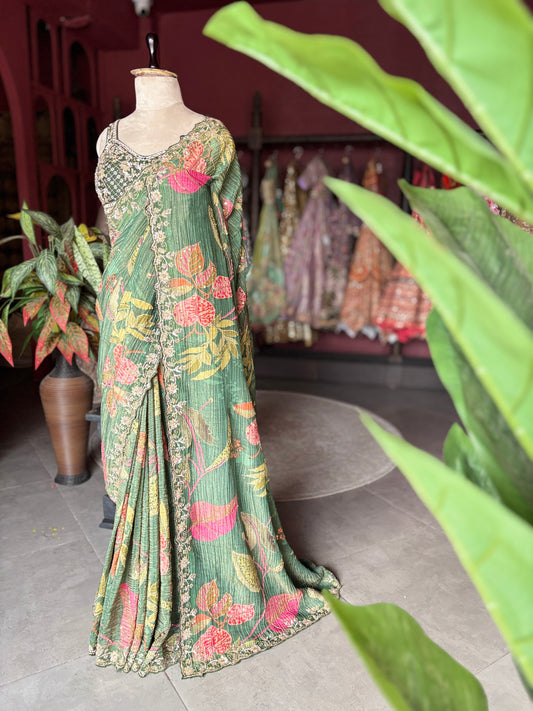Green Floral Designer Saree with Embellished Border & Sequin Detailing