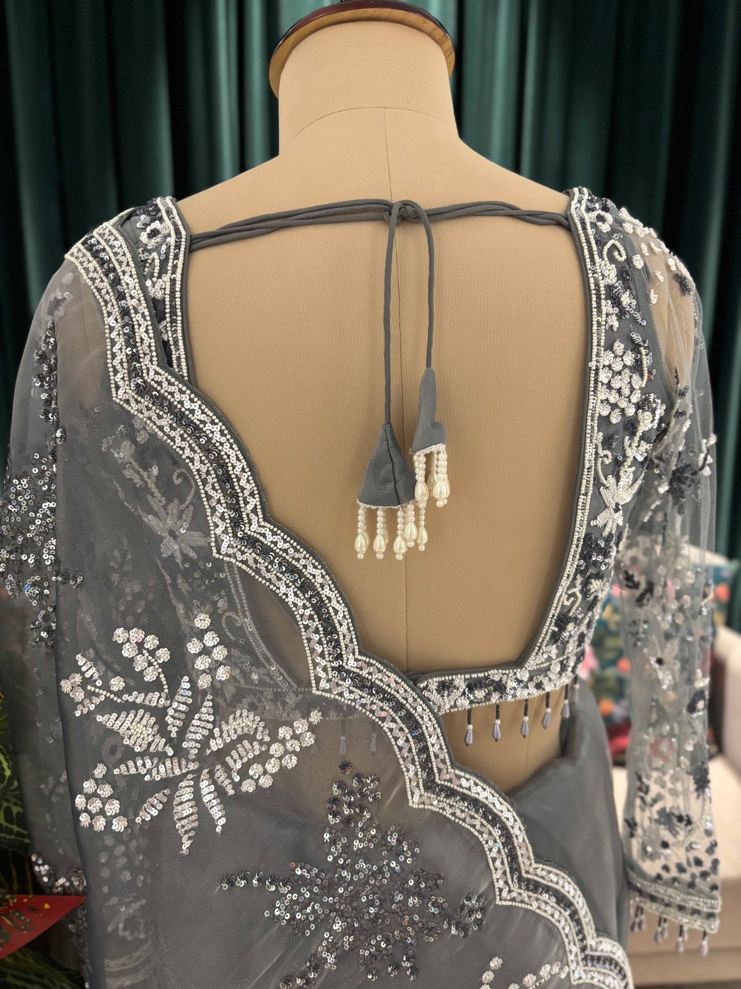 Slate Grey Embroidered Saree with Scalloped Border