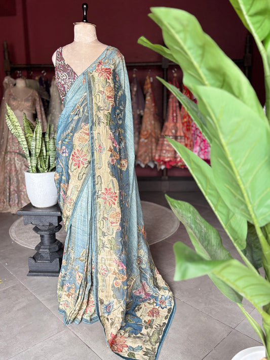 Sky Blue Floral Designer Saree with Beige Pallu & Embellished Border