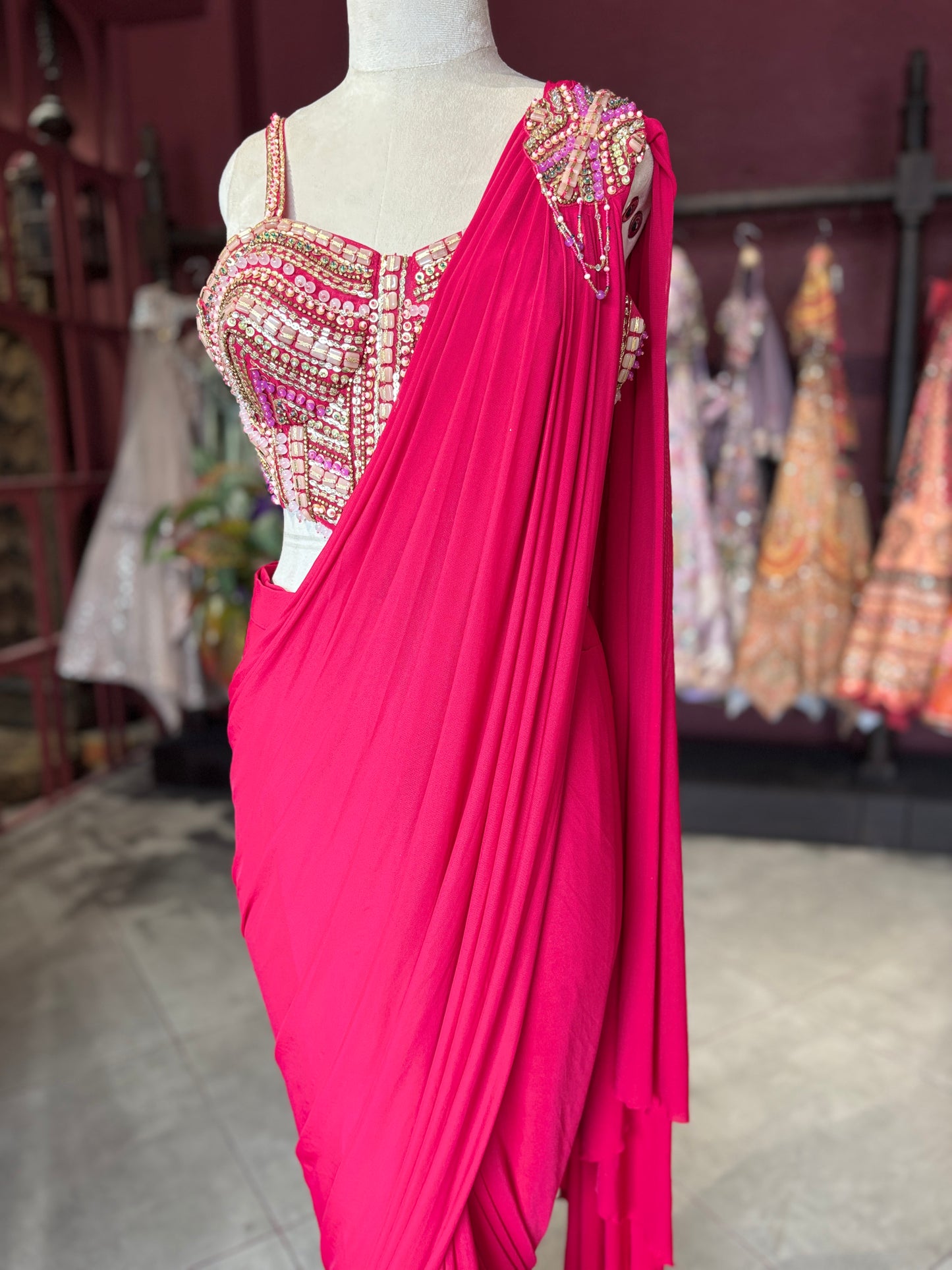 Hot Pink Designer Saree with Embellished Blouse & Ready-to-Wear Drape