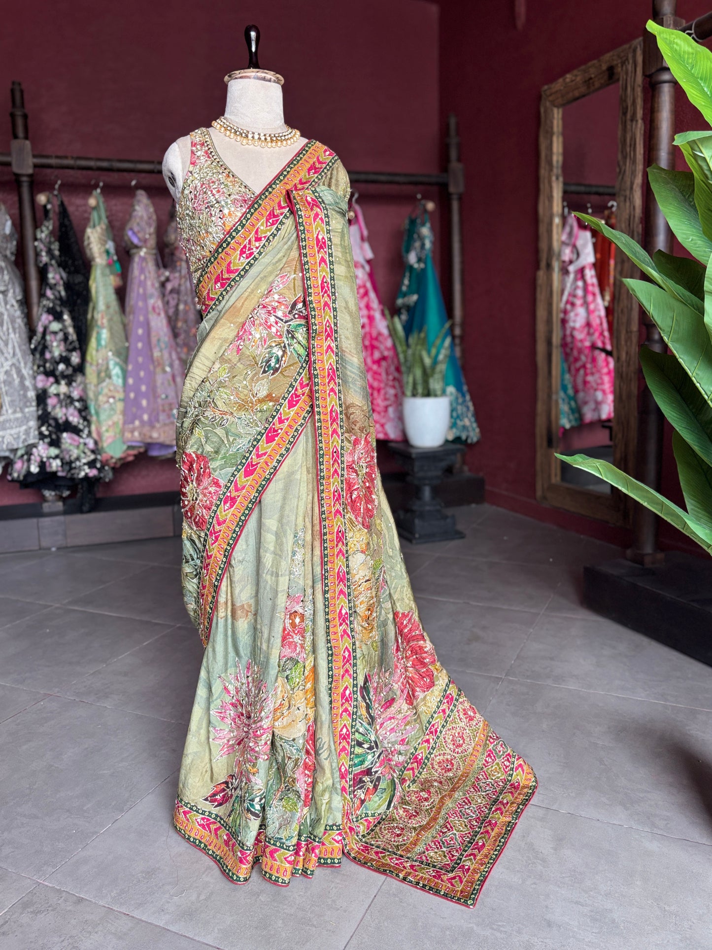 Pastel Olive Green Floral Designer Saree with Pink Embroidered Border