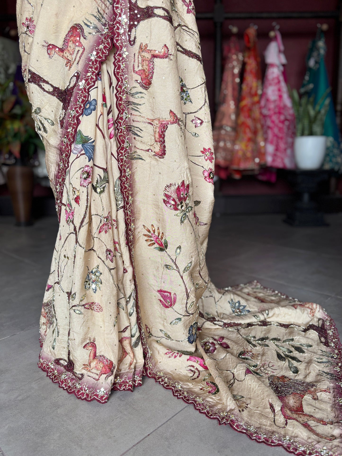 Ivory Beige Floral Designer Saree with Maroon Embroidered Border