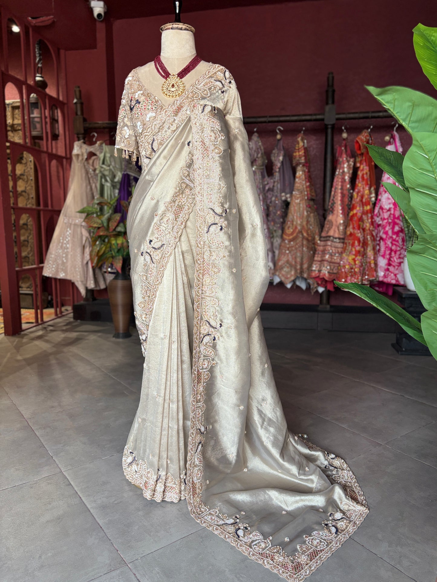 Champagne Gold Designer Saree with Embroidered Border and Heavy Blouse