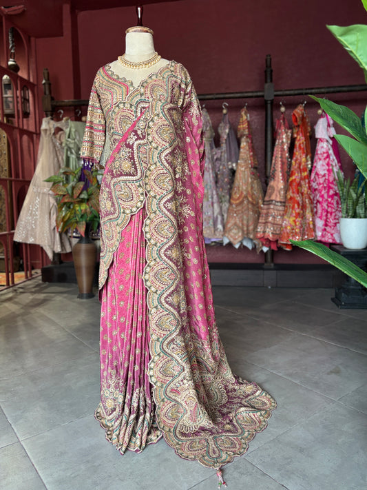 Rani Pink Paisley Designer Saree with Heavy Embroidered Border