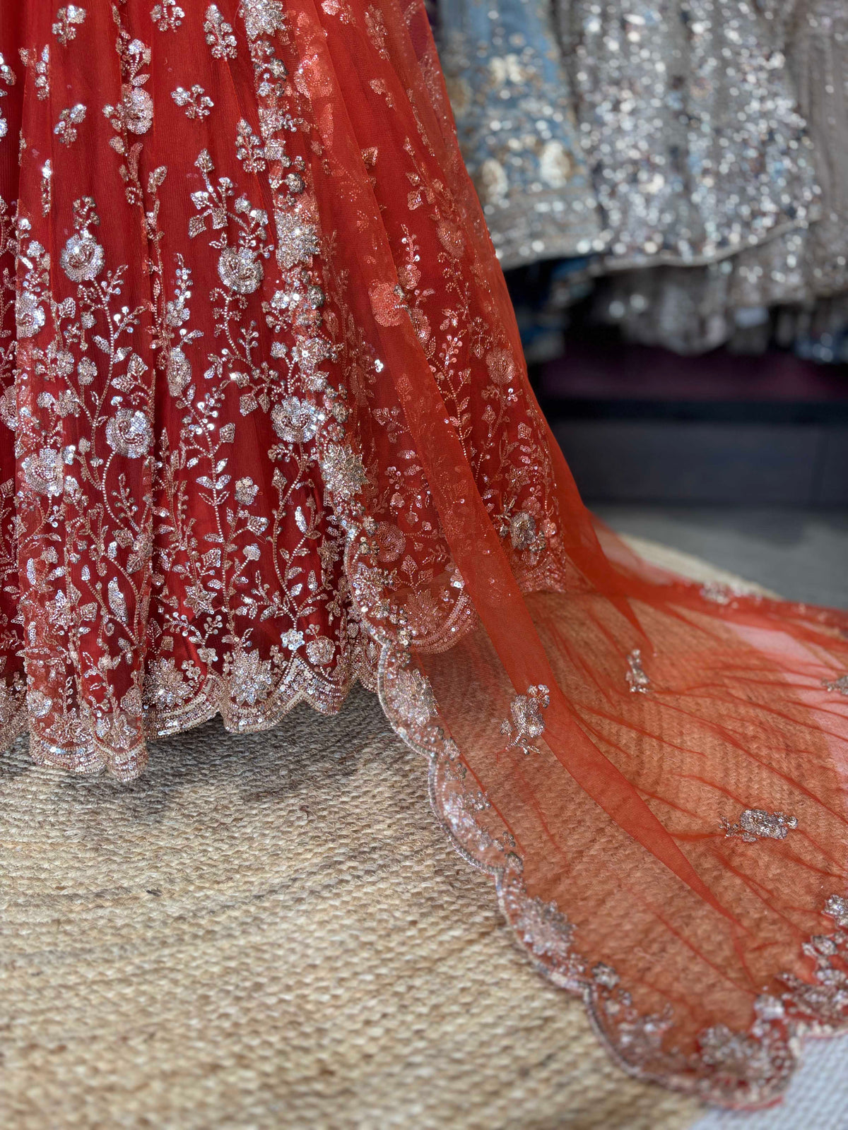 Rust Orange Floral Sequin Embroidered Bridal Lehenga Choli