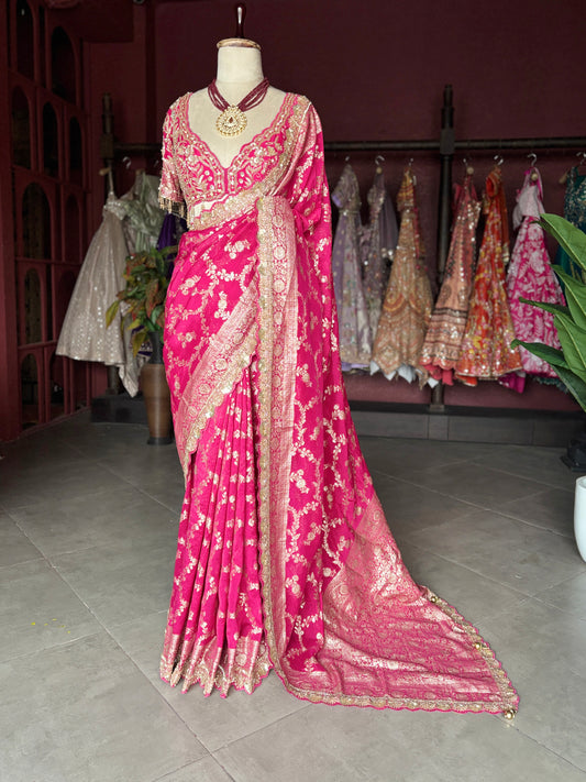 Rani Pink Banarasi Designer Saree with Golden Embroidered Border