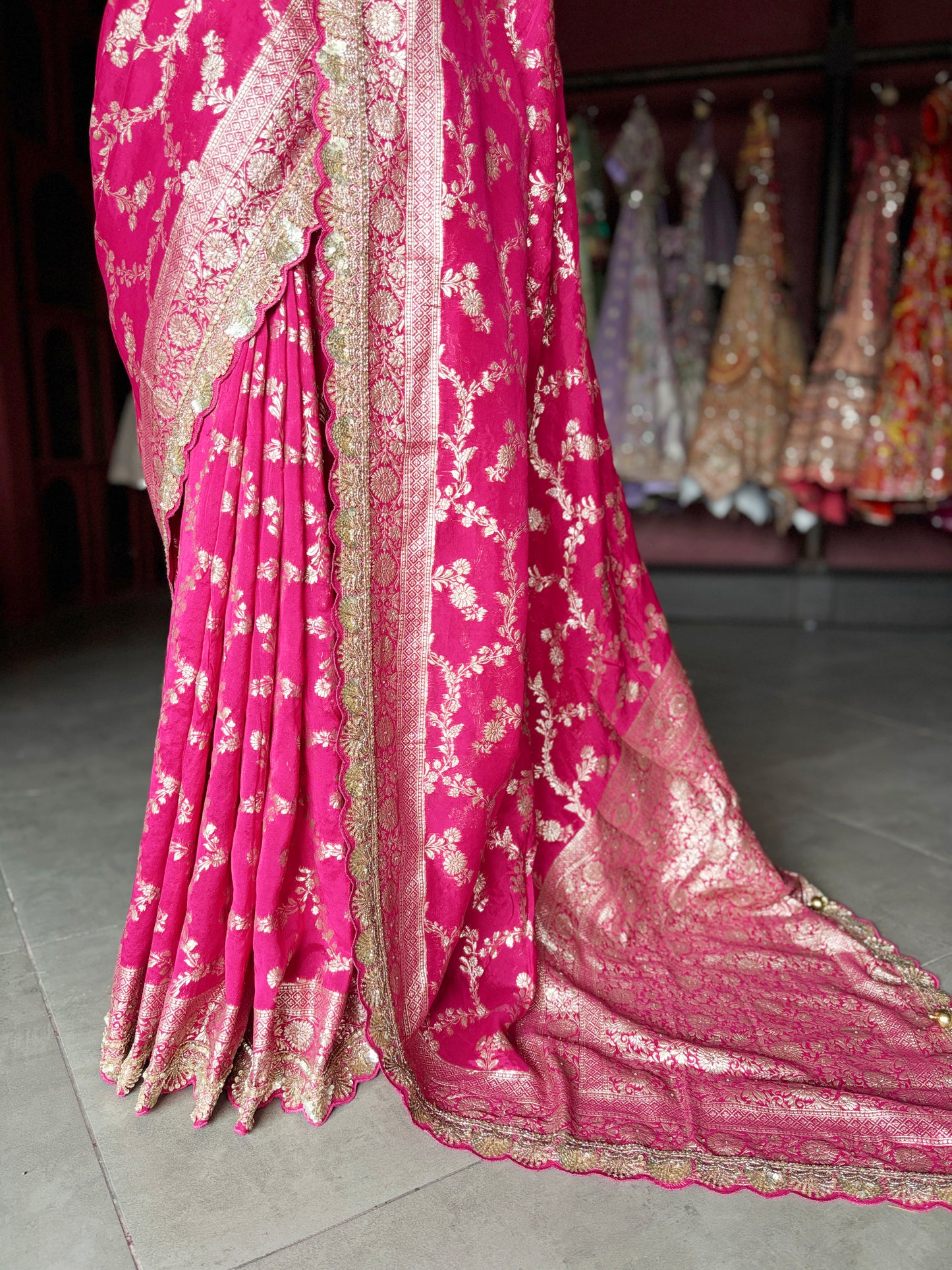 Rani Pink Banarasi Designer Saree with Golden Embroidered Border