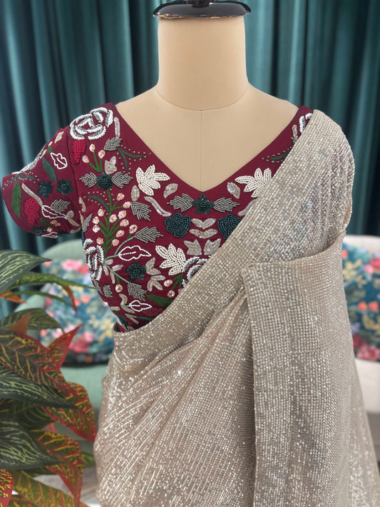 Champagne Golden Saree with Maroon Embroidered Blouse