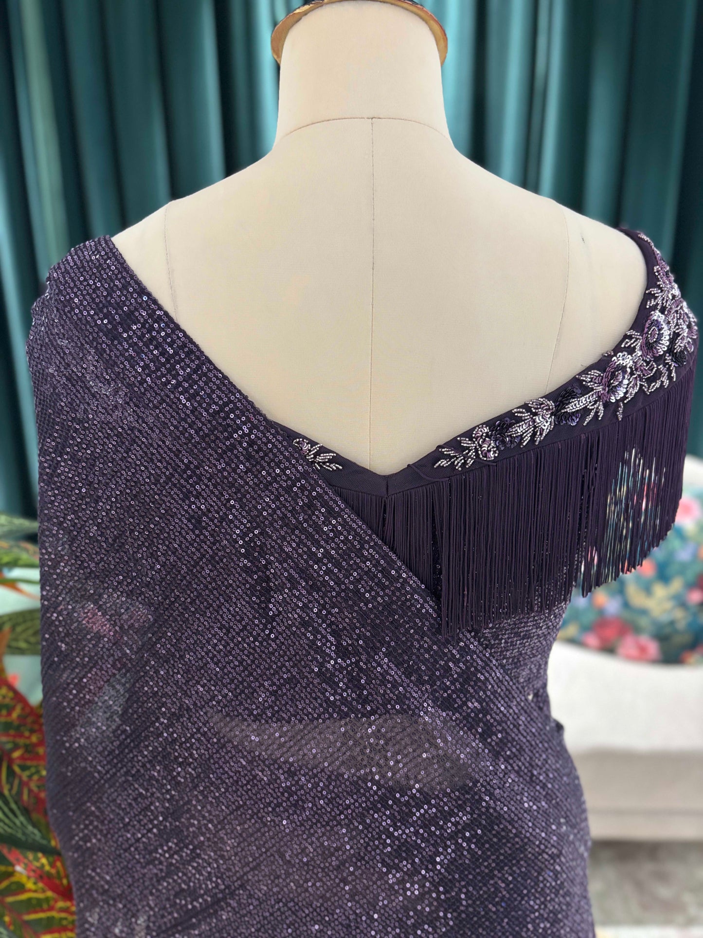 Deep Plum Ner Saree with Fringe Pallu and Embroidered Blouse