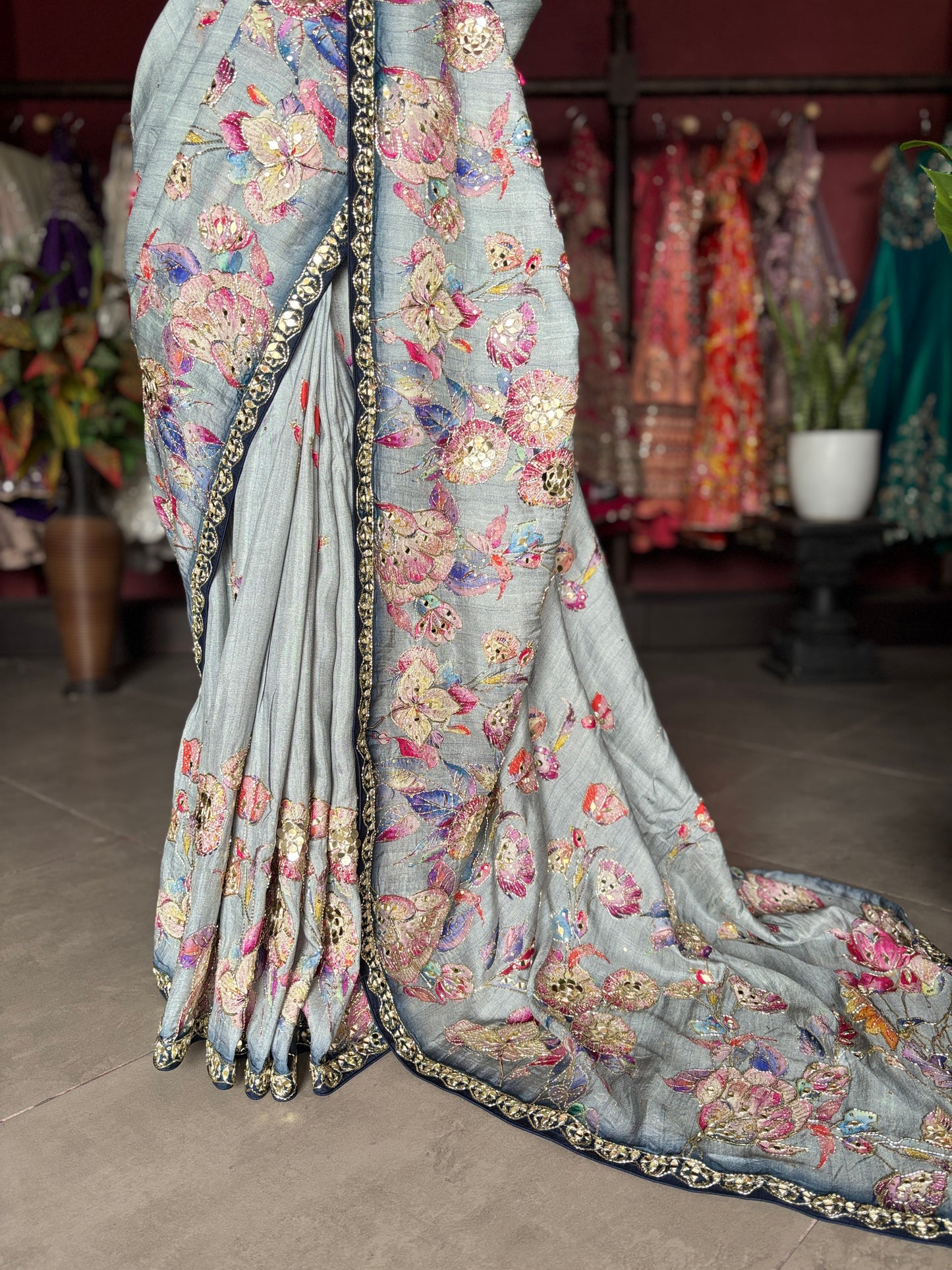 Pastel Designer Saree with Navy Embroidered Border and Heavy Blouse