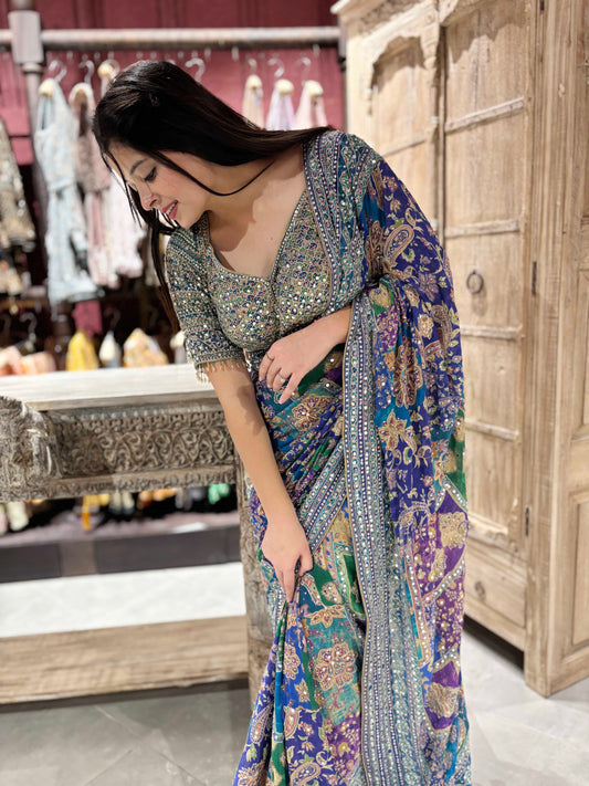 Designer Mirror Work Saree with Heavy Embroidered Blouse
