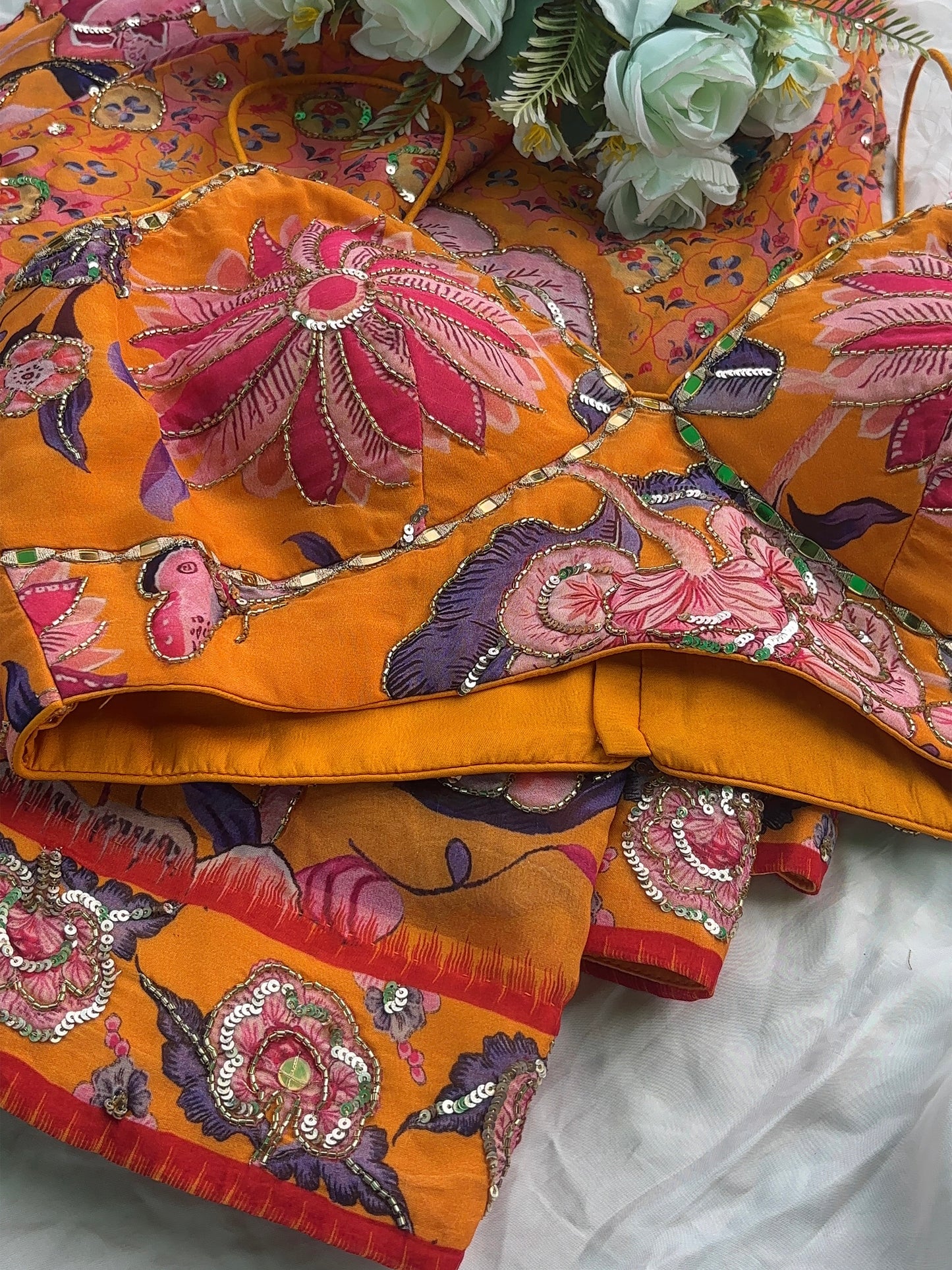 Orange Floral Designer Saree with Sequin Embroidery Work