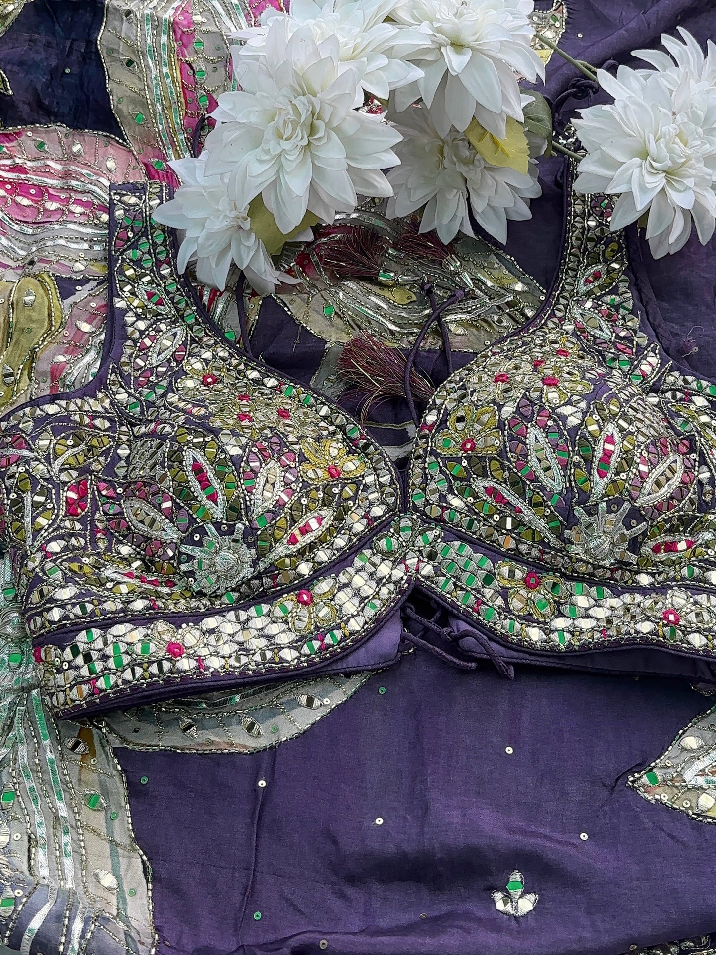 Purple Designer Saree with Mirror Work & Hand Embroidered Blouse