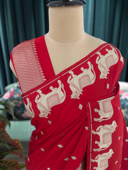 Red Banarasi Saree with Traditional Elephant Motif Zari Work