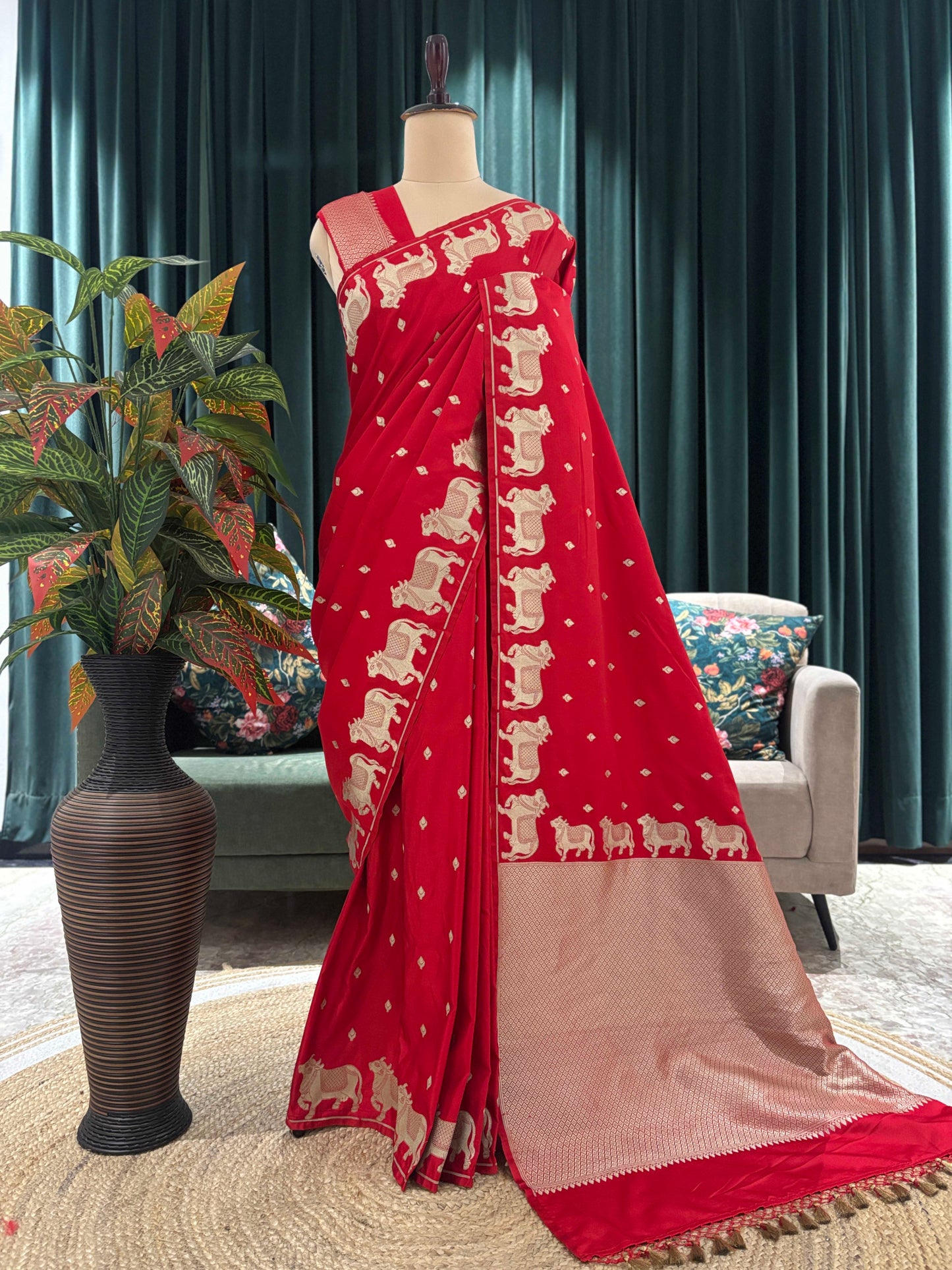 Red Banarasi Saree with Traditional Elephant Motif Zari Work