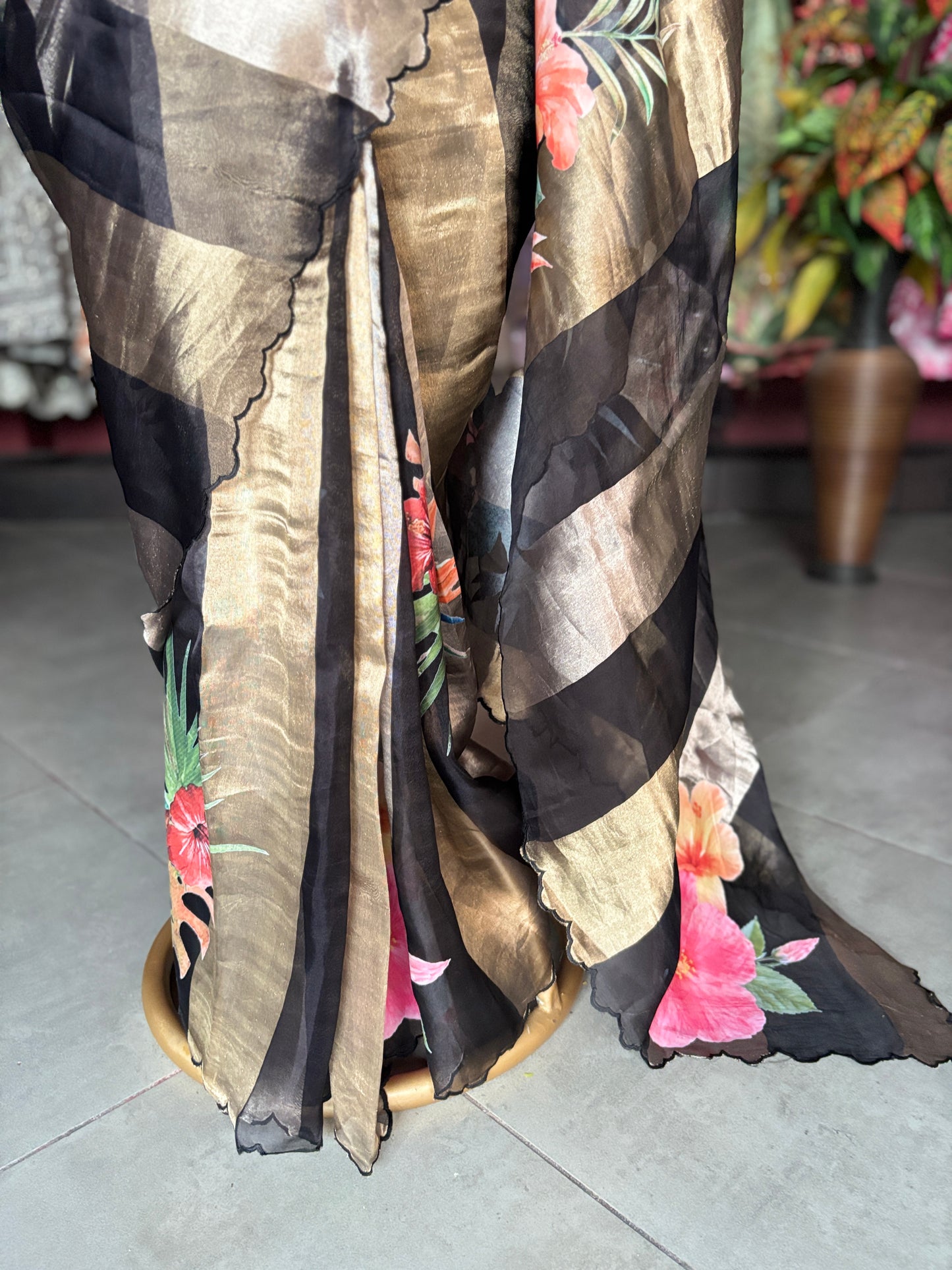 Black Kora Silk Tissue Saree With Striped Pallu and Scallop Border