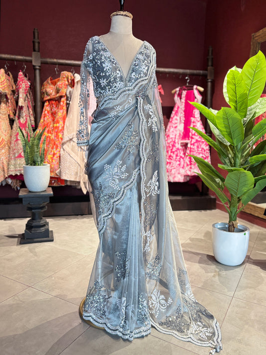 Ice Blue Designer Saree with Silver Embroidery and Scallop Border