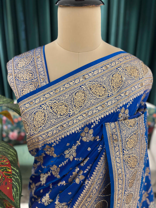 Royal Blue Banarasi Style Saree with Heavy Woven Border