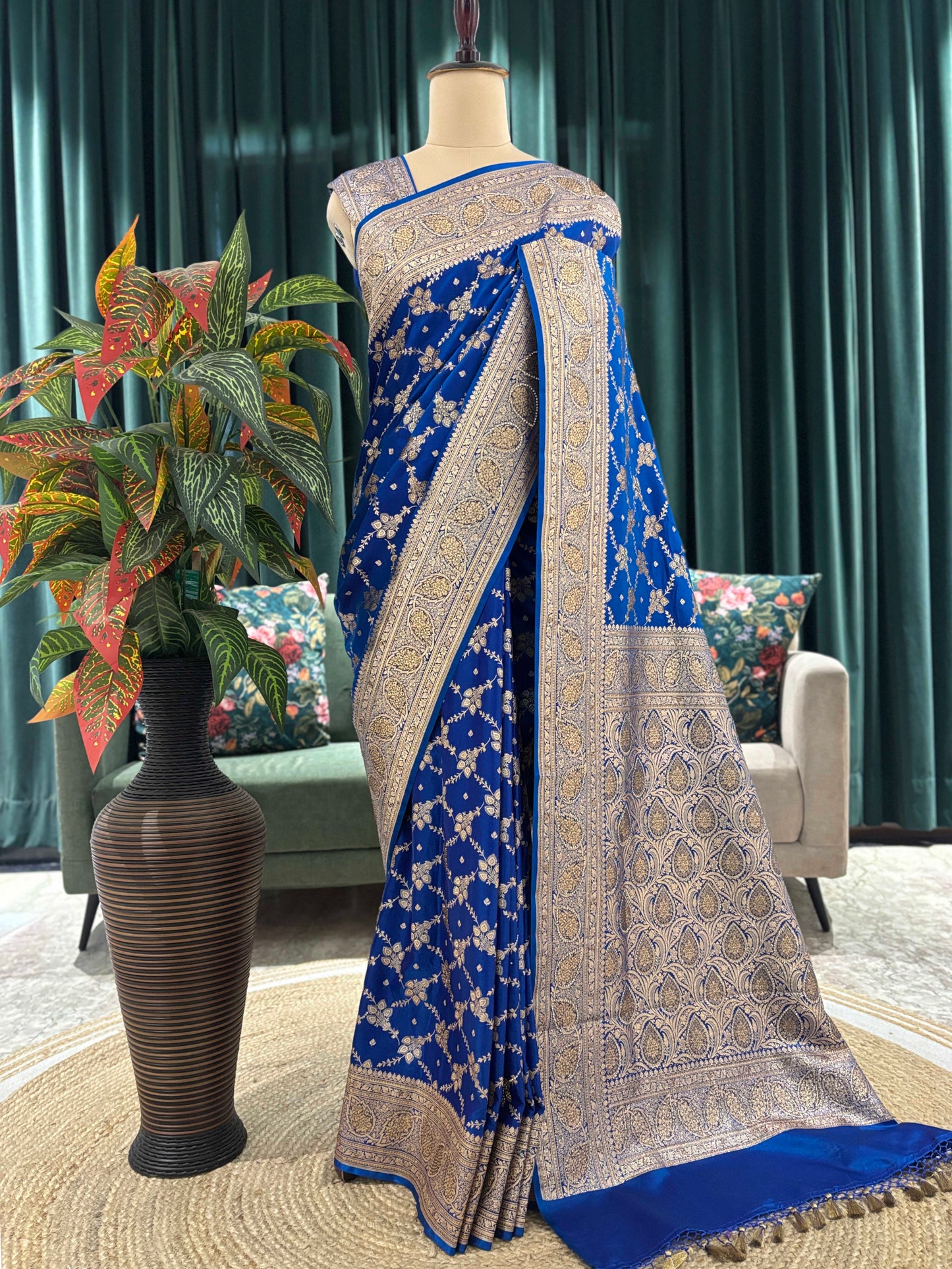 Royal Blue Banarasi Style Saree with Heavy Woven Border