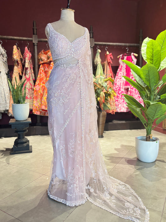 Pink Net Designer Saree with White Floral Embroidery and Pearl Border