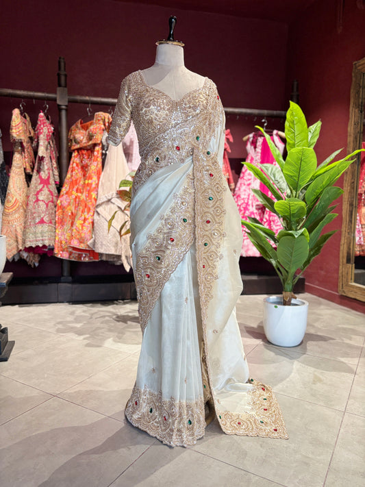 Tissue Ivory Designer Bridal Saree with Heavy Handwork Blouse