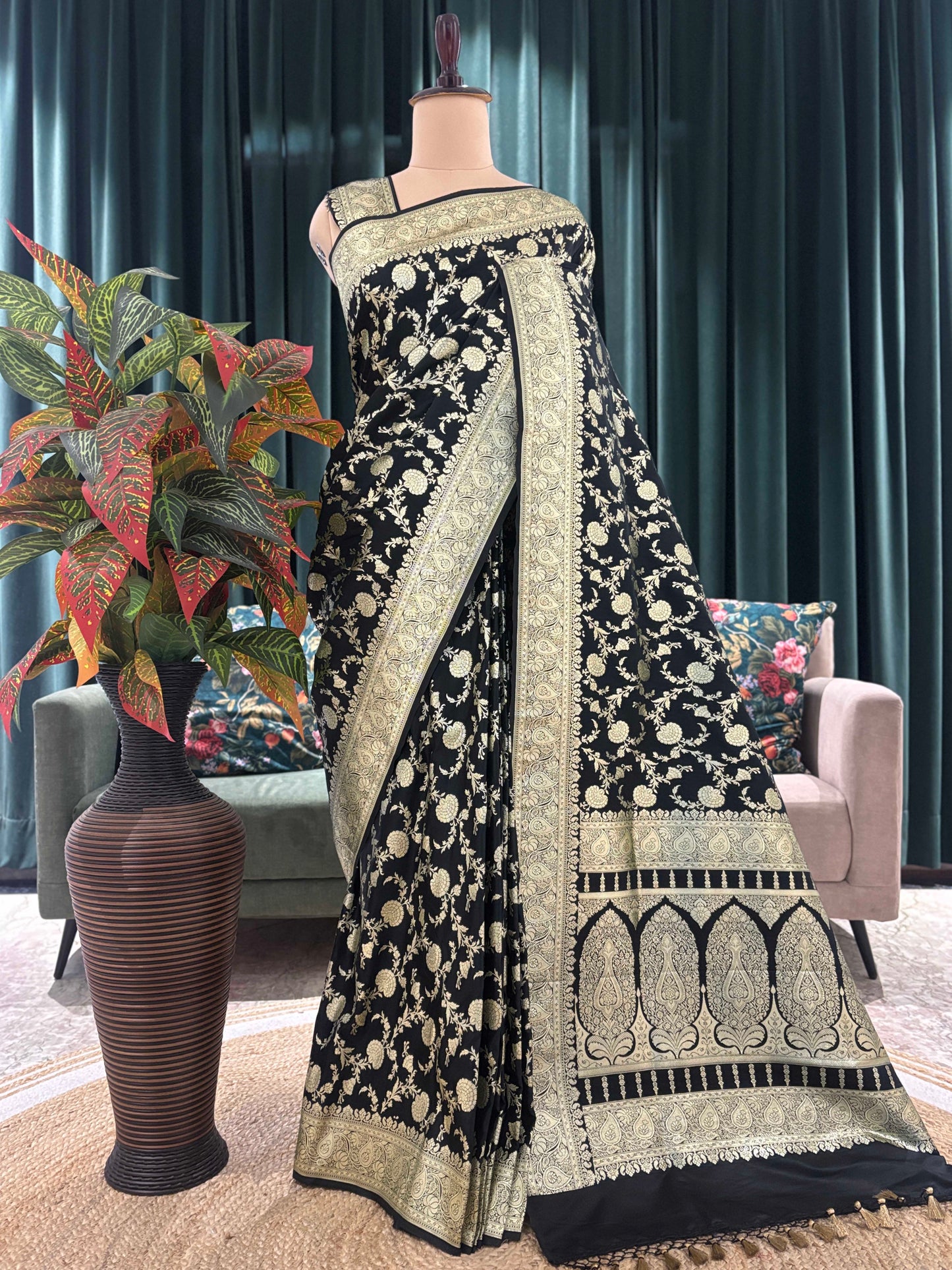 Black Elegant Silk Saree with Rich Gold Floral Motifs