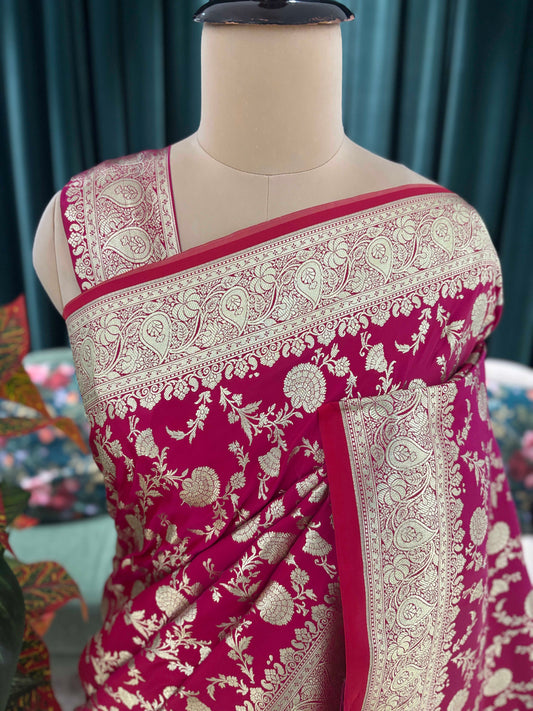 Red Elegant Silk Saree with Rich Gold Floral Motifs