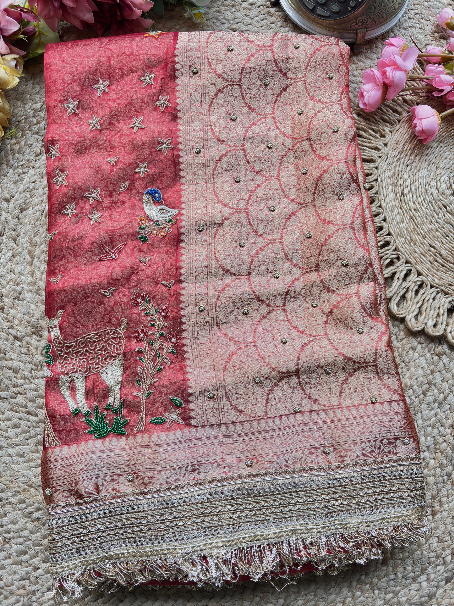 Krishan Leela aree with Peacock Embroidery and Heavy Golden Border