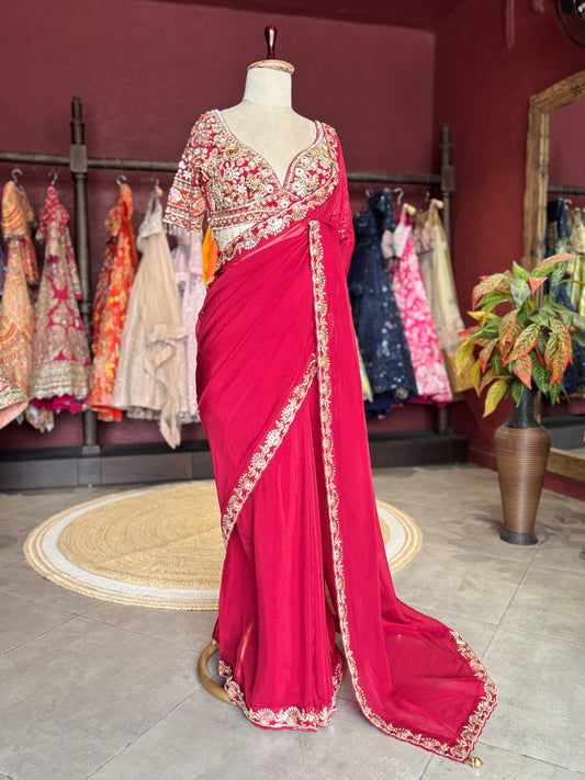 Red Designer Saree with Heavy Embroidered Blouse and Golden Border