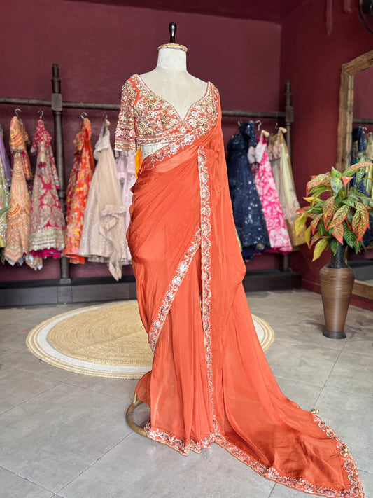 Rust Orange Designer Saree with Heavy Embroidered Blouse
