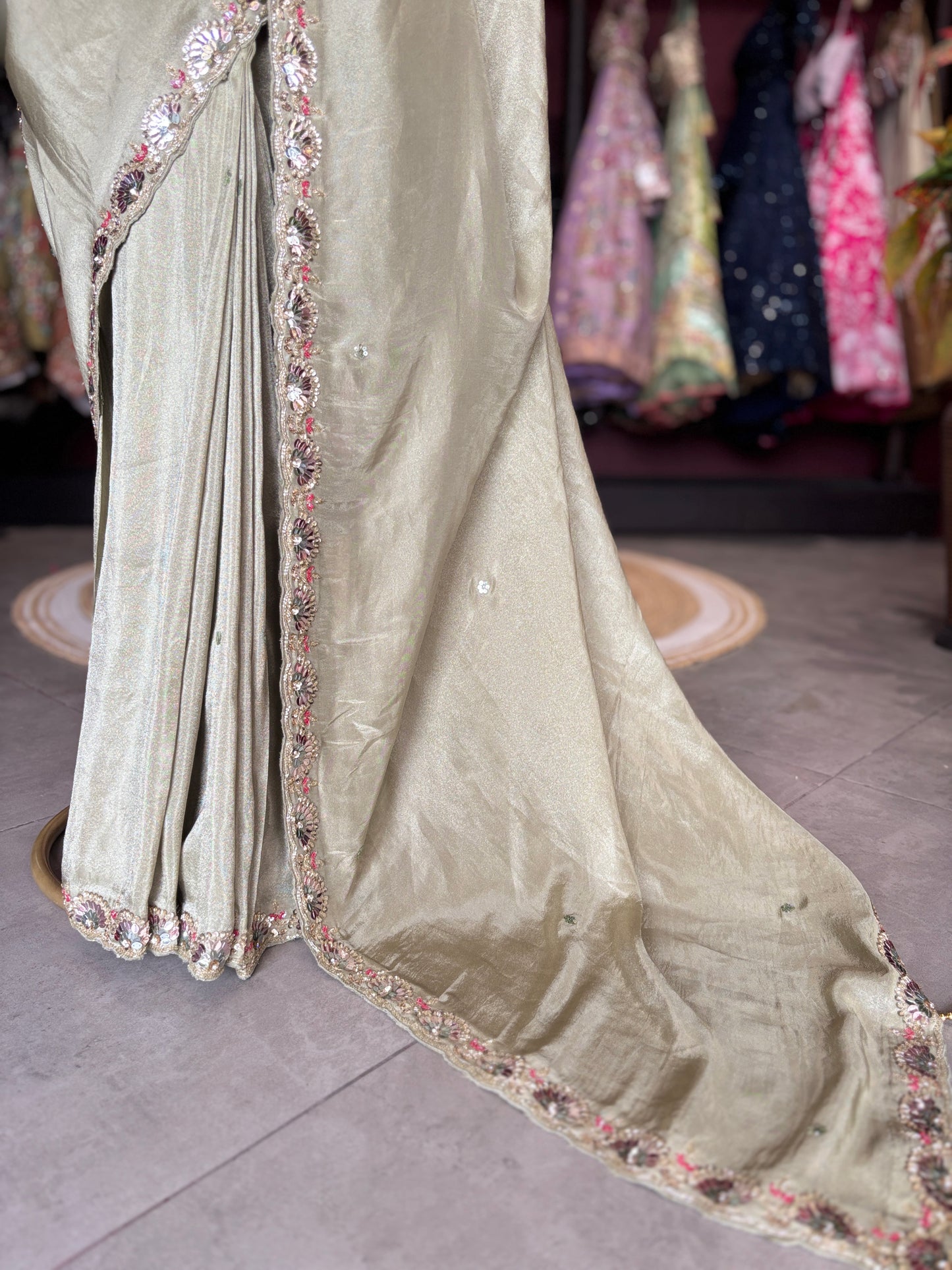 Sage Designer Saree with Embroidered Blouse and Stone Work Border
