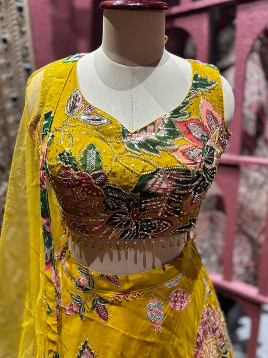 Mustard Yellow Floral Embroidered Festive Lehenga Set