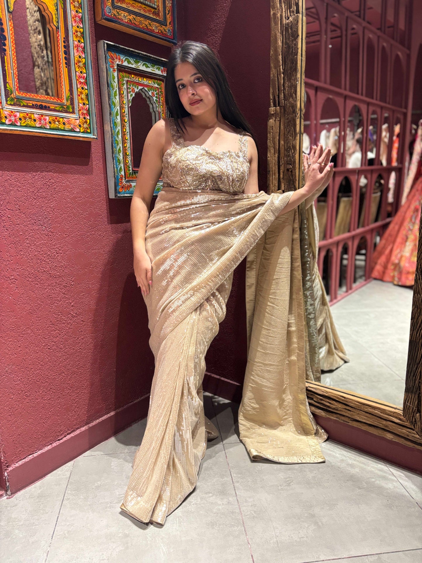 Elegant Gold Sequin Saree With Designer Readymade Blouse
