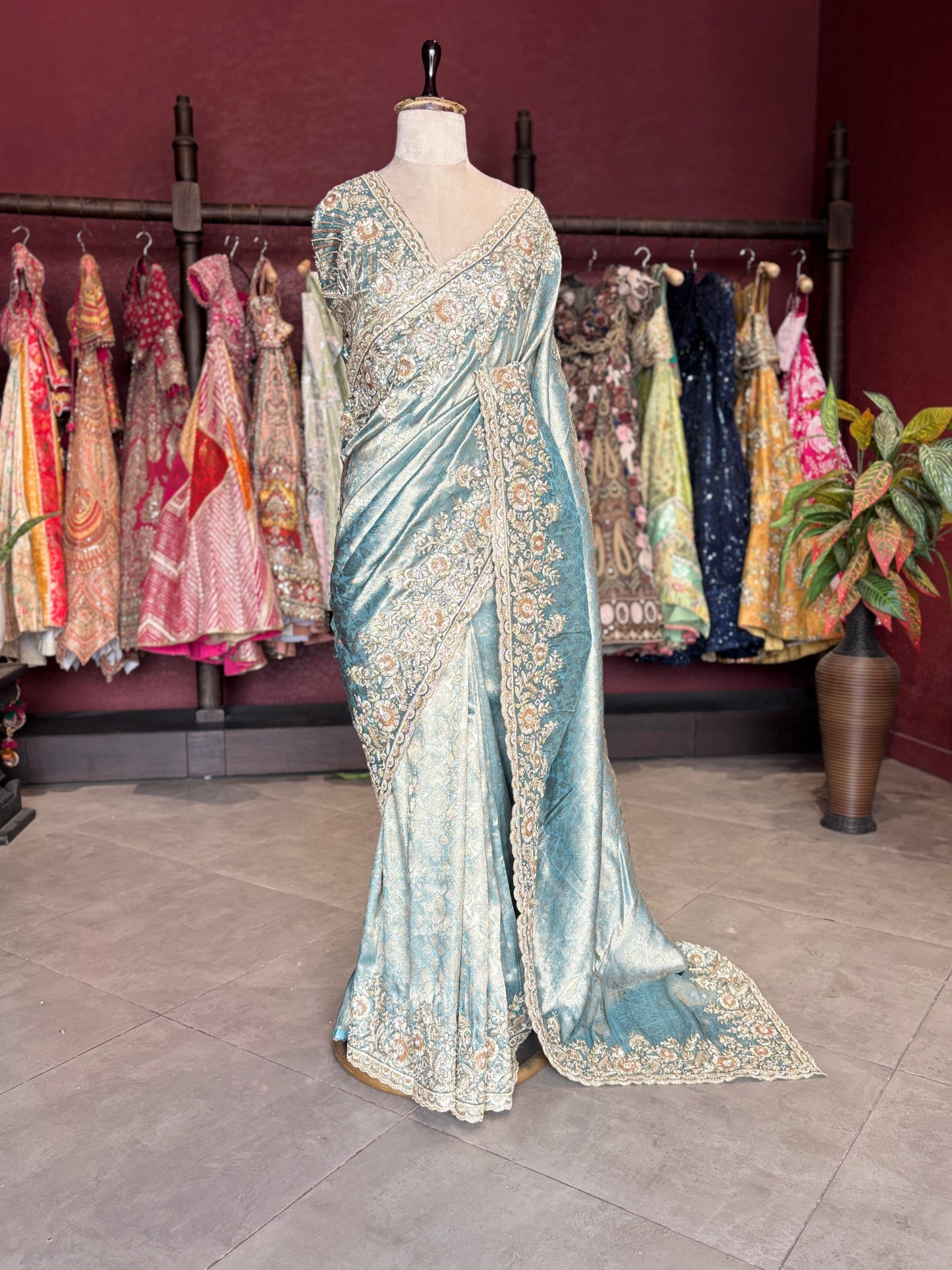 Sky Blue Banarasi Designer Saree with Heavy Golden Embroidered Border