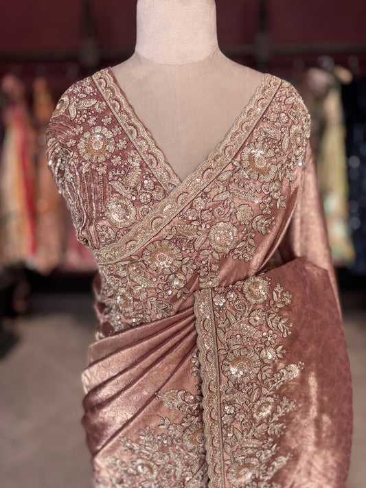 Rose Gold Banarasi Designer Saree with Heavy Golden Embroidered Border
