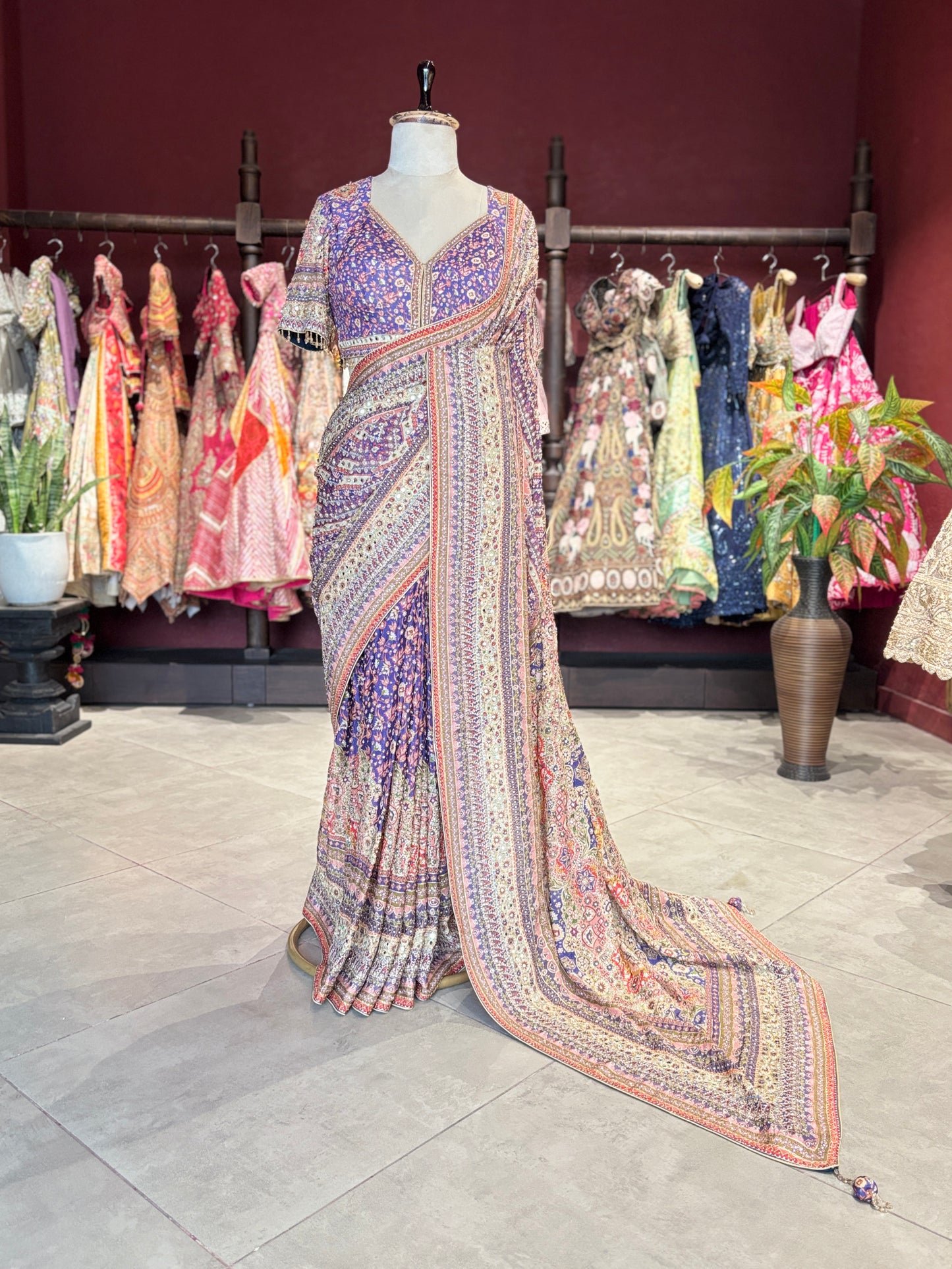 Multicolor Designer Saree with Embroidered Border and Matching Blouse