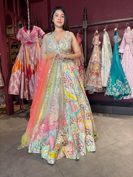 Multicolor Abstract Lehenga with Sweetheart Neckline Blouse