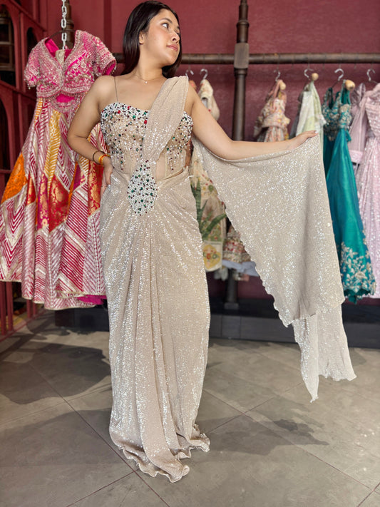 Designer Drape Saree with Multicolor Embellished Designer Blouse