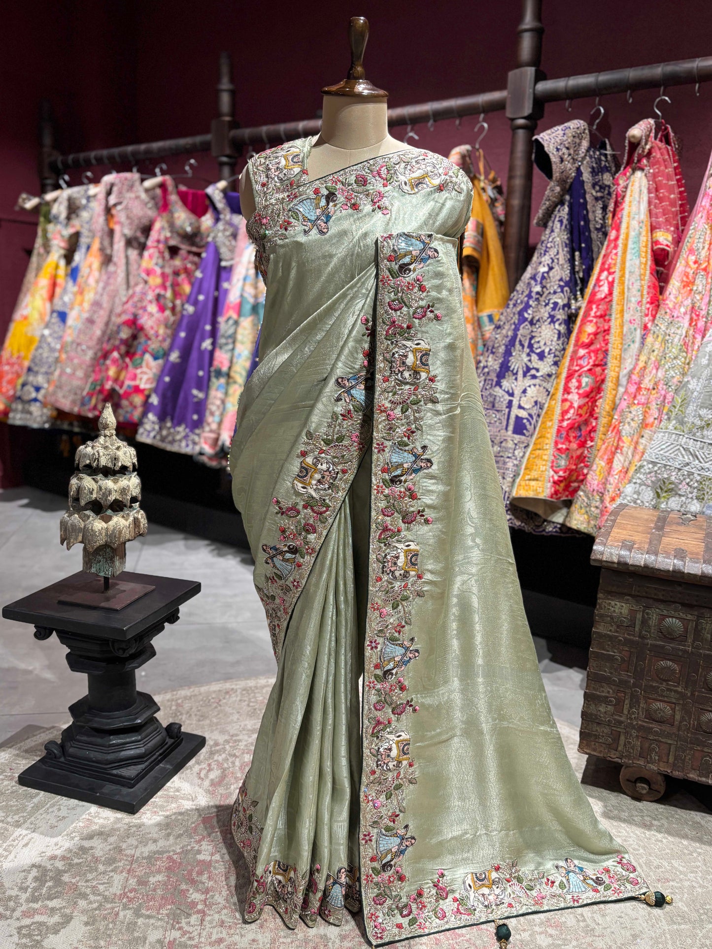 Sage Green Embroidered Saree with Handcrafted Motifs