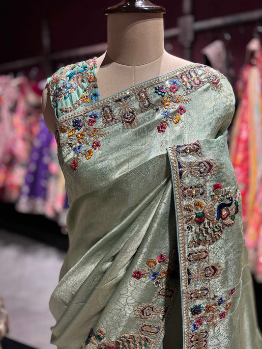 Pistachio Green Embroidered Saree with Peacock Motifs