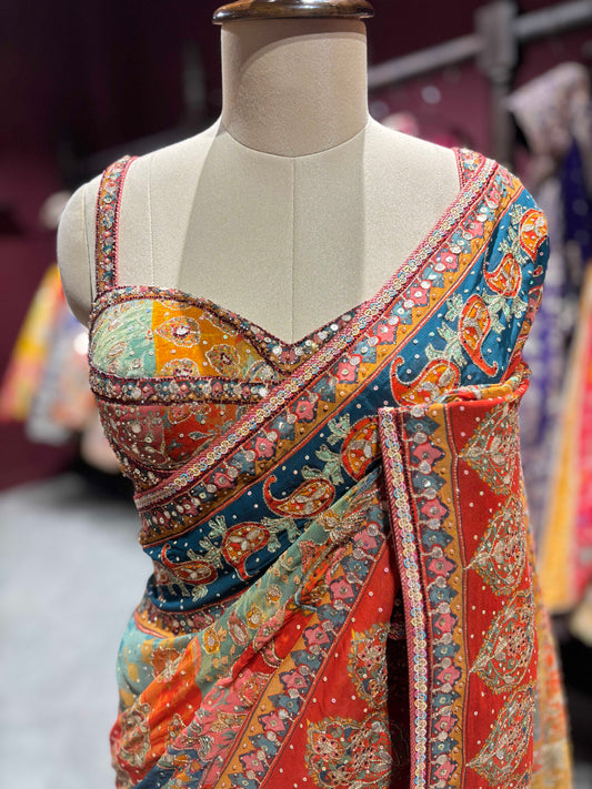 Orange Multicolor Printed Saree Traditional Festive Wear