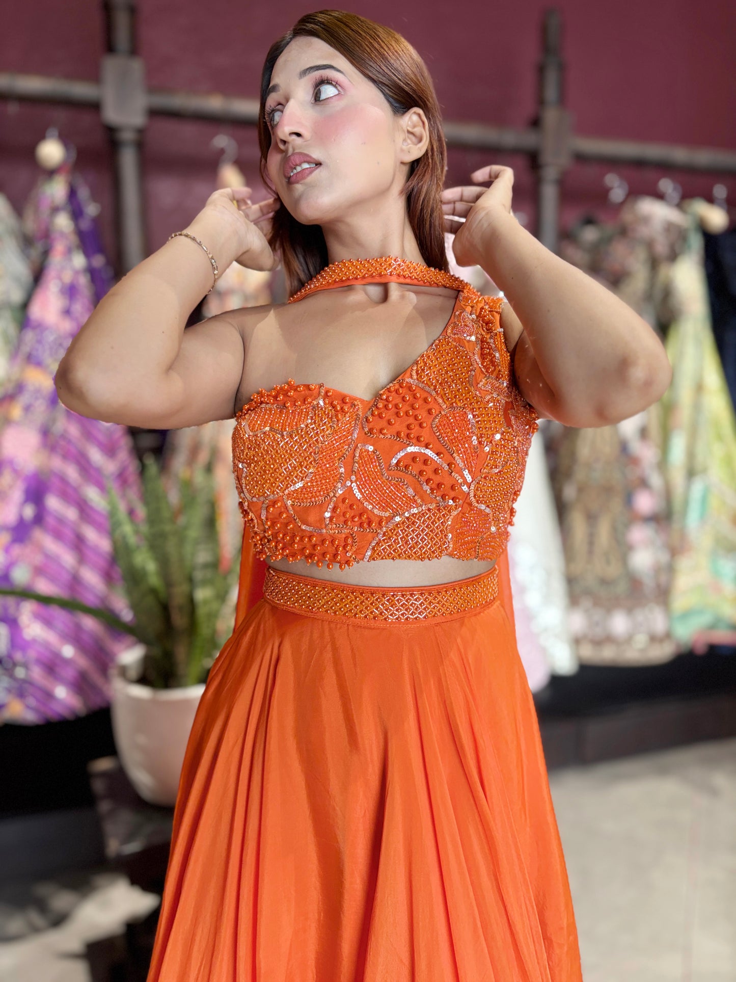 Orange Designer Georgette Lehenga with Embellished Crop Top & Dupatta
