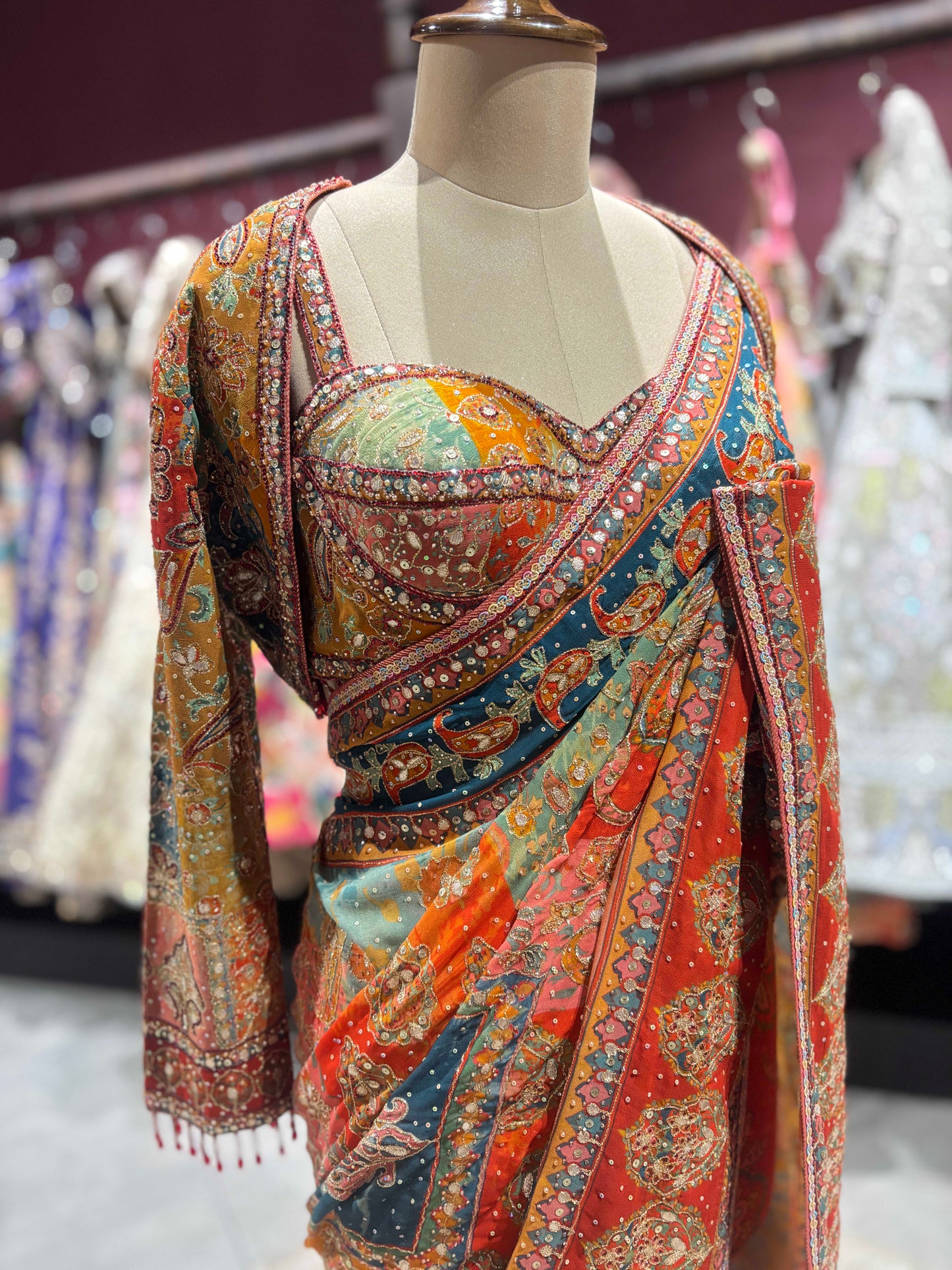 Orange Multicolor Printed Saree Traditional Festive Wear