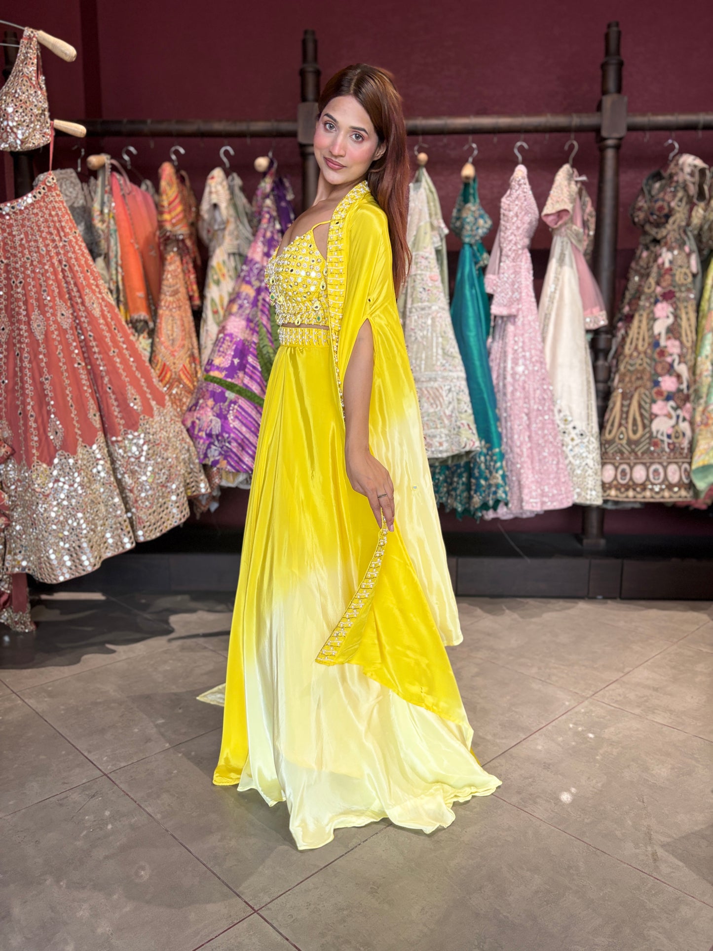 Yellow Ombre Designer Lehenga with Mirror Work Blouse & Dupatta