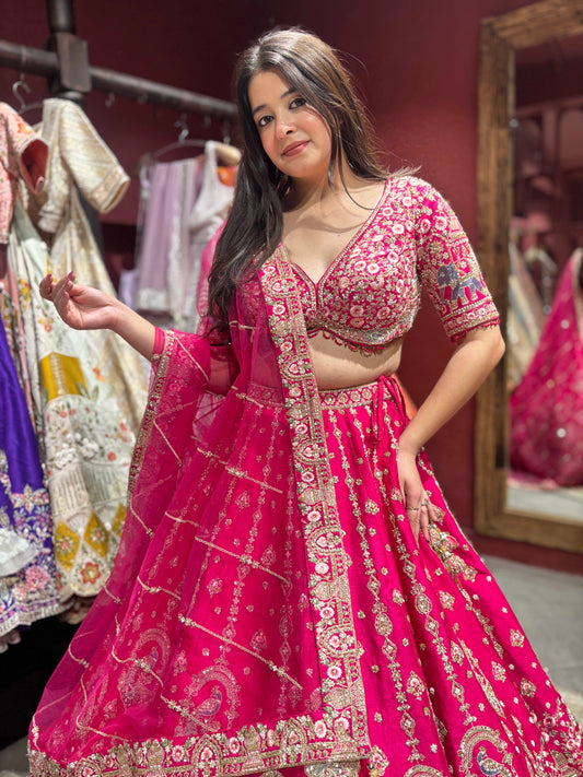 Rani Pink Silk Bridal Lehenga Choli with Sequins & Thread Work