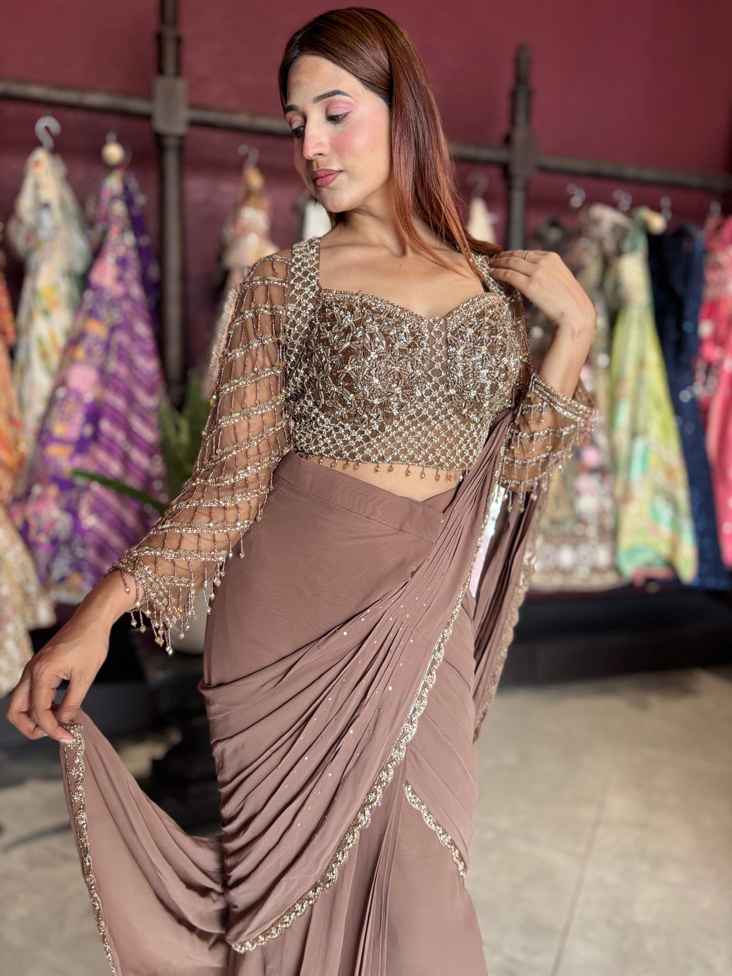 Brown Designer Ready-to-Wear Drape Saree with Embellished Blouse
