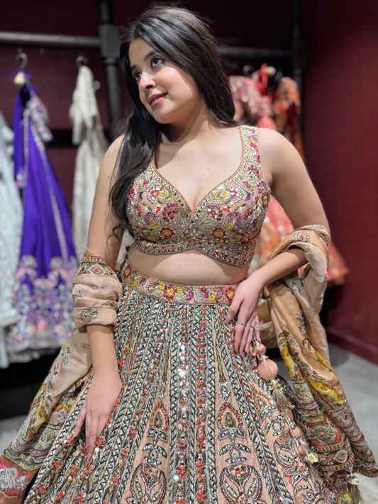 Multicolour Silk Lehenga Choli with Heavy Sequins & Thread Work