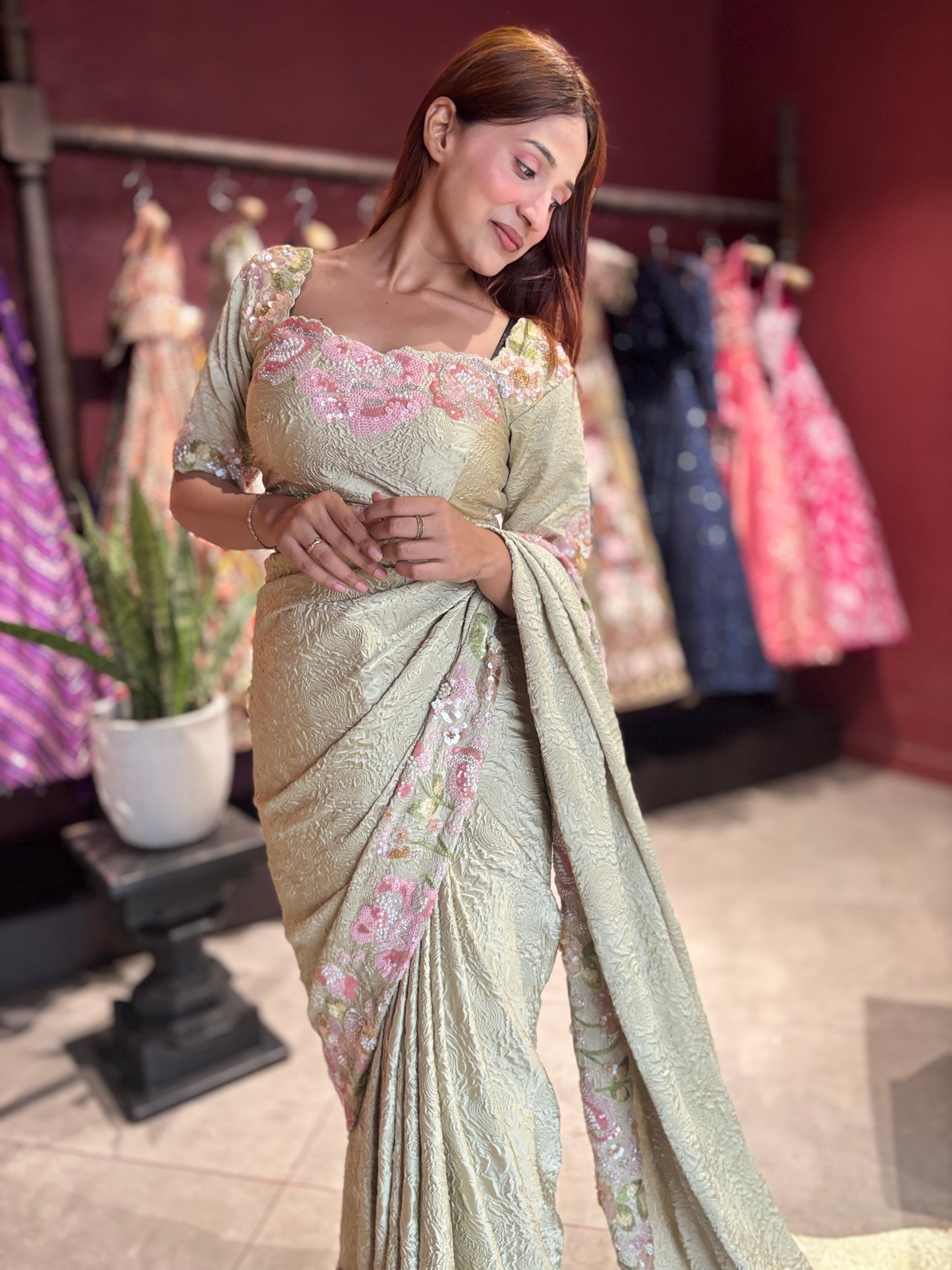 Sage Green Floral Embroidered Designer Saree with Matching Blouse
